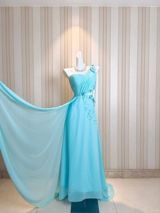 Vintage Prom Dresses A line One Shoulder Blue Chiffon 80s With Flowers Long Formal Evening Outfits N4217