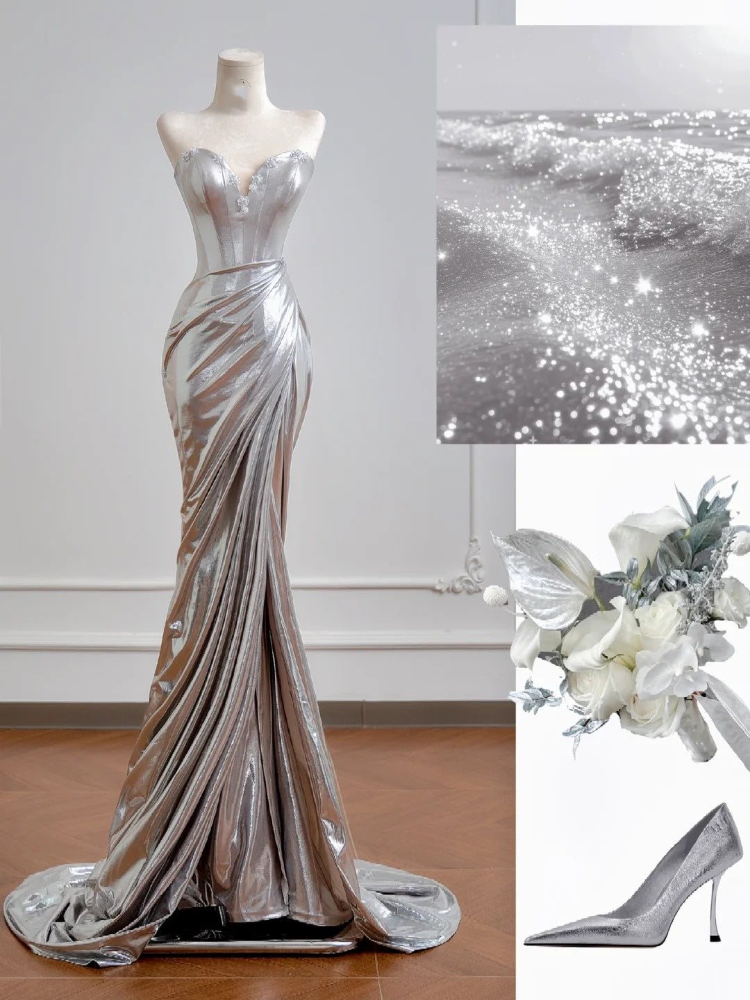 Glitzerndes Meerjungfrauen-Abendkleid mit Pailletten, silberfarben, langes, formelles Abendkleid mit hohem Schlitz, Partykleid N345