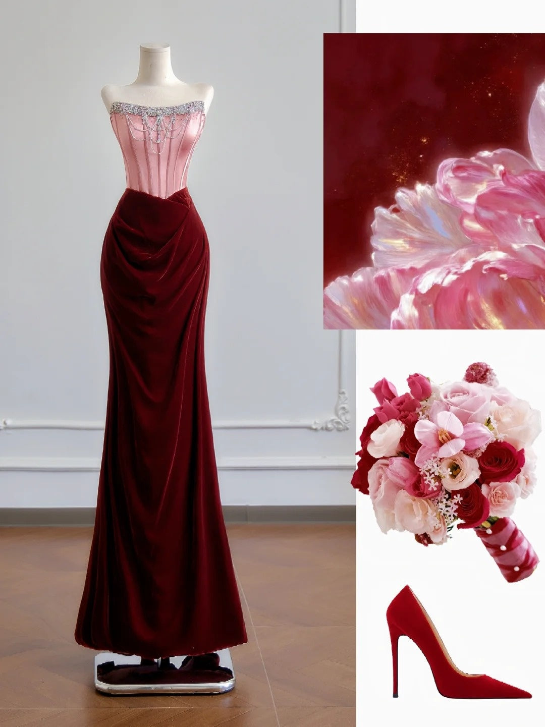 Romantisches Meerjungfrauen-Kleid, trägerlos, rosafarbenes Top aus Satin und burgunderrotem Samt, langes Ballkleid, beeindruckendes Outfit zum 18. Geburtstag, Partykleid N393