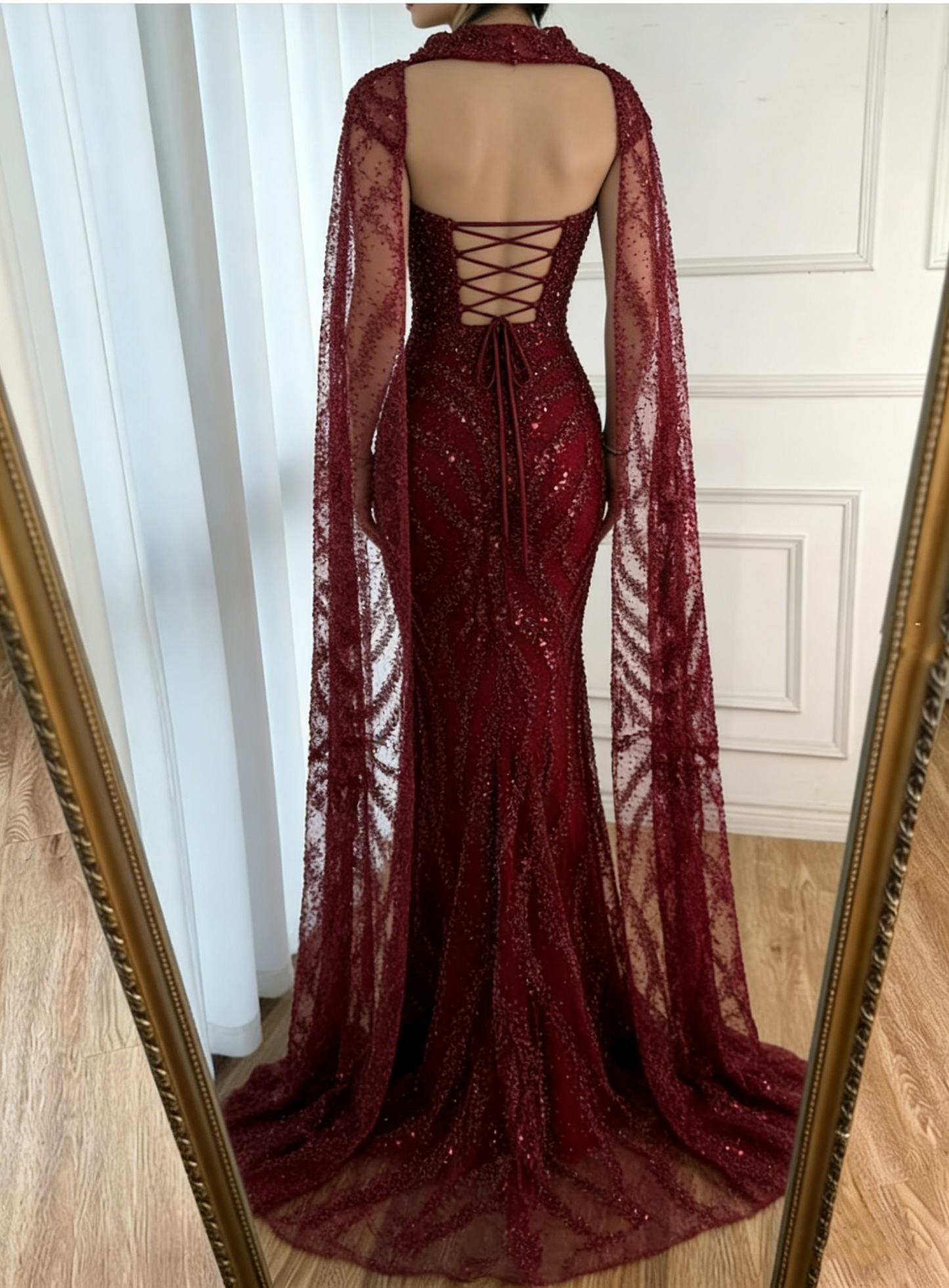 Elegantes, trägerloses Meerjungfrauenkleid in Burgunderrot mit Pailletten und Schal, langes, formelles Abendkleid, elegantes Partykleid AB2060