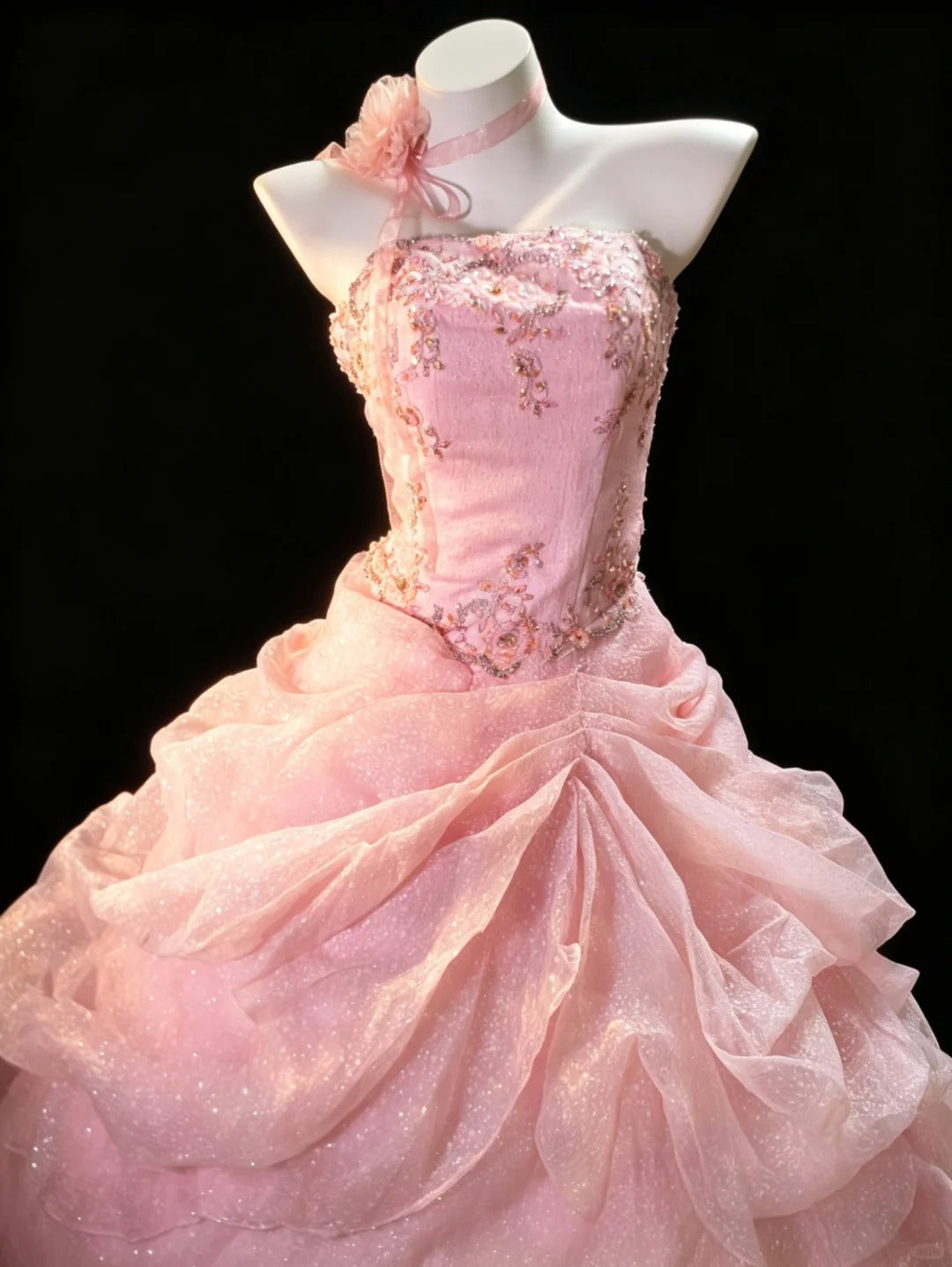 Sweet Ball Gown One Shoulder Pink Sequin Tiered Layers Sweet 16 Dresses Quinceanera Dress Long 15 Vestidos De Fiesta N4205