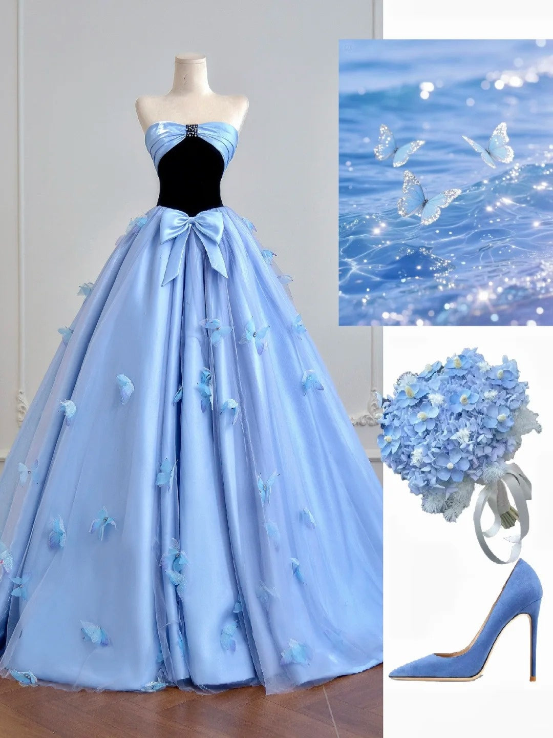 Zeitloses, trägerloses Ballkleid aus blauem Satin mit Schleife – Inspiration für lange Abendkleider und Partykleider N308