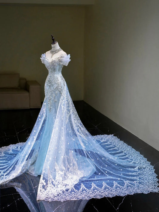 Dream Mermaid Off The Shoulder Aesthetic Sequin Blue Long Prom Dresses Inspiration Party Dress Prom Gown RB1667