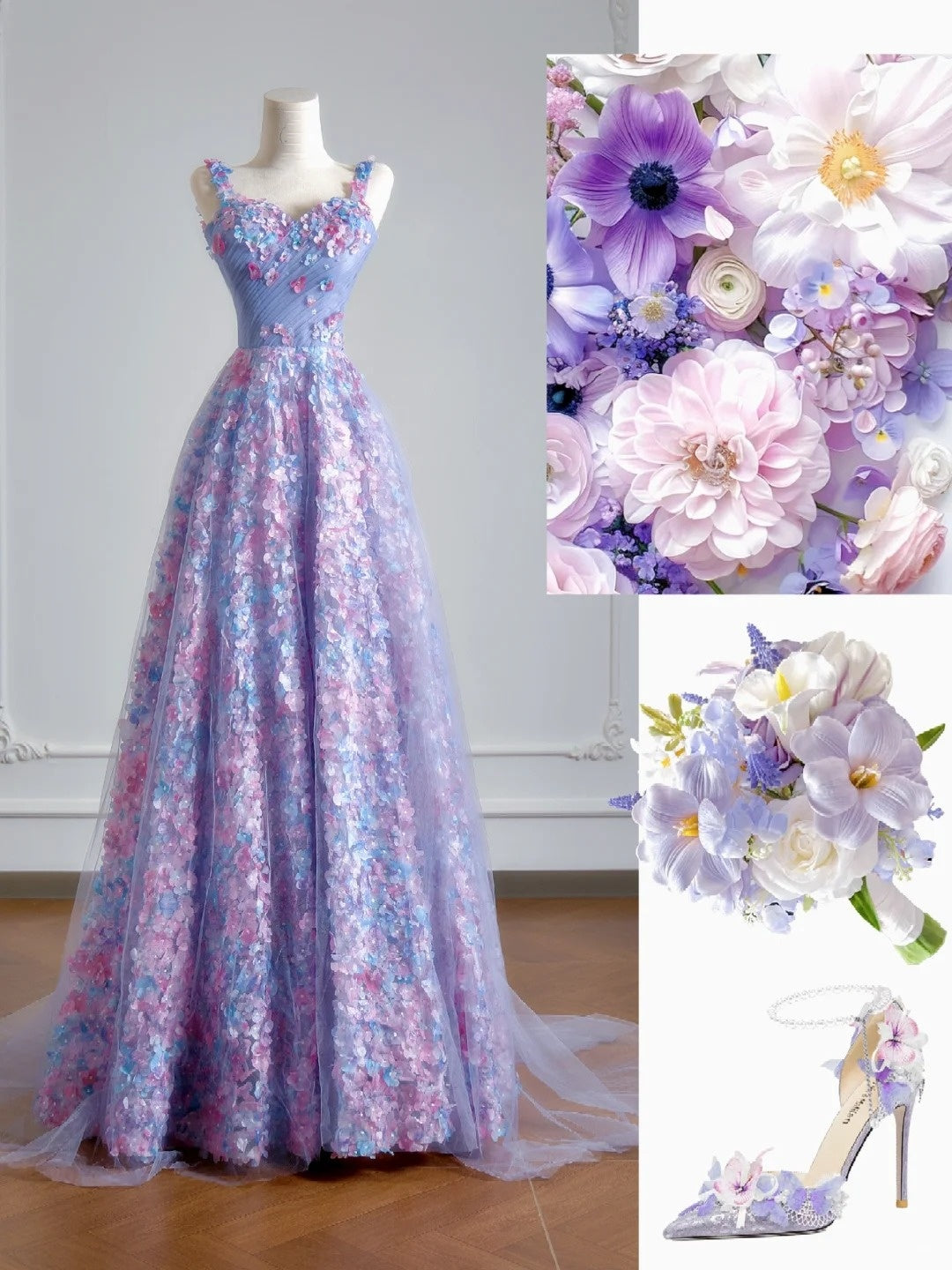 Prinzessinnen-A-Linien-Abendkleid mit Spaghettiträgern, lila Tüll, Blumenmuster, langes formelles Abendkleid mit Schal, Partykleid N347