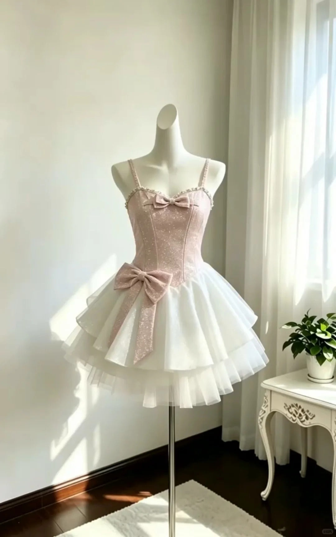Classy Ball Gown Spaghetti Strap Pink Sequin White Tulle Night Short Graduation Dress Inspo Senior Homecoming Outfits RB4822