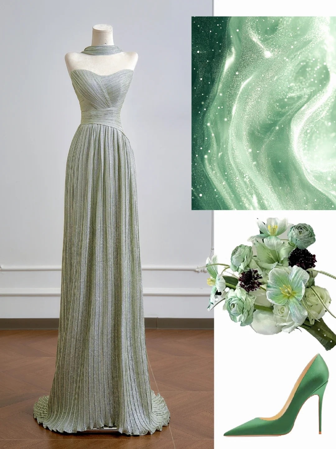 Romantisches, trägerloses, langes, salbeigrünes A-Linien-Abendkleid – ein echter Hingucker zum 18. Geburtstag – Partykleid N394