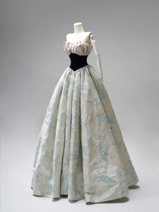 Robe de bal sobre sans bretelles en satin bleu à fleurs, longue robe de soirée/bal de fin d'année, longueur au sol, N273