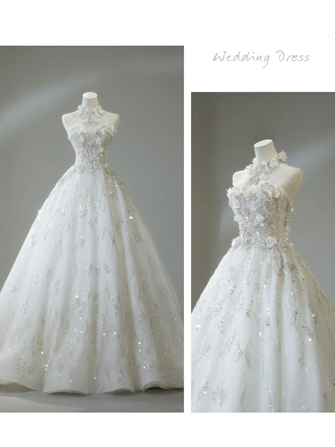 Robe de mariée classique à col montant, ornée de cristaux et de sequins blancs, idéale pour l'été (N276)