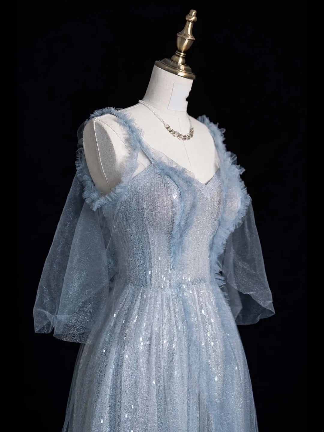 Beautiful Ball Gown Spaghetti Strap Blue Tulle Long Prom Dresses Inspiration Evening Gowns Formal Dress N1223