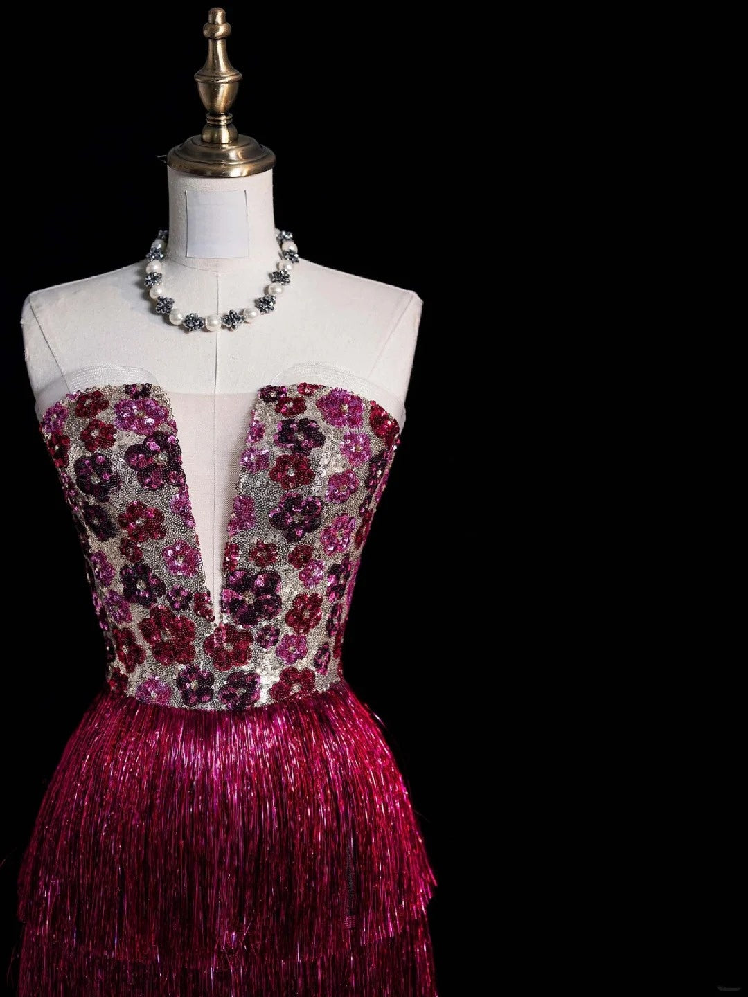 Charming Sheath Strapless Pink Sequins With Tassels Long Prom Dresses Evening Outfits Formal Dress N1073