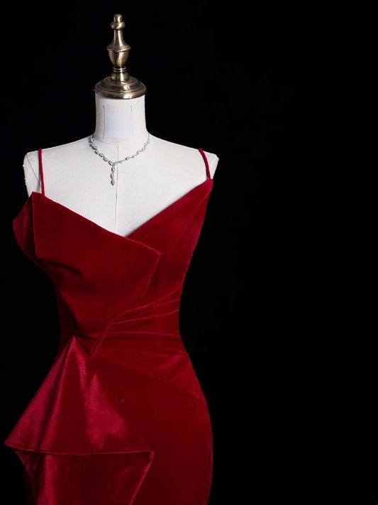 Robe de bal sirène modeste à fines bretelles en velours rouge - Inspiration robe de bal robe de princesse pour remise de diplôme B357