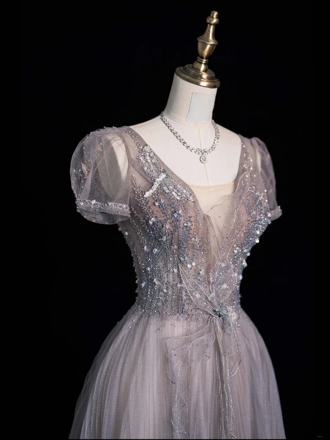 Beautiful Ball Gown V Neck Tulle With Short Sleeves Long Prom Dresses Inspiration Evening Gowns Formal Dress N1225