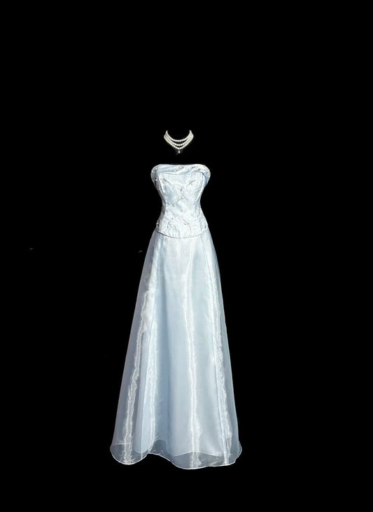 Magnifiques robes de bal A-line sans bretelles bleu ciel clair en satin, longues tenues de soirée N3437