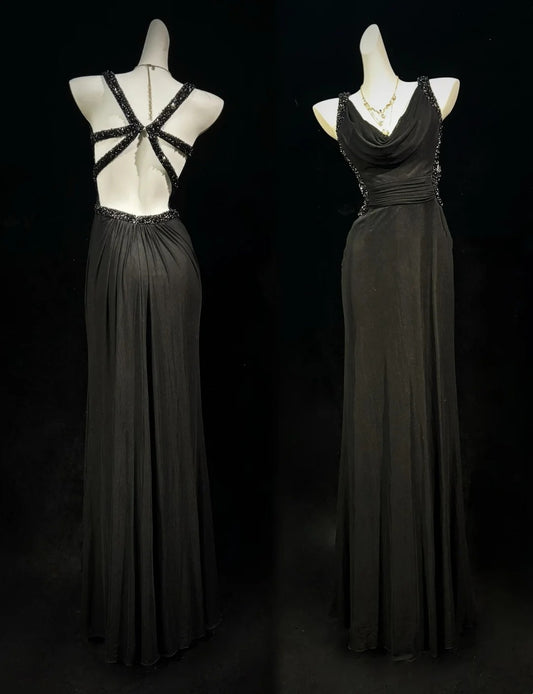 Vintage Prom Dresses 80s Mermaid Straps Black Tie Dress Backless Long With Beading Evening Formal Outfits RB5139