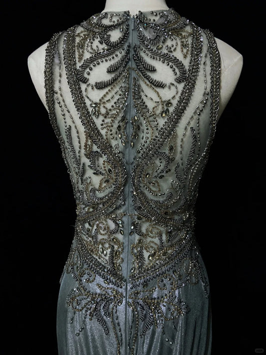 Charming Prom Dresses Mermaid Scoop Grey Gray With Beaded Long Formal Evening Outfits N3689