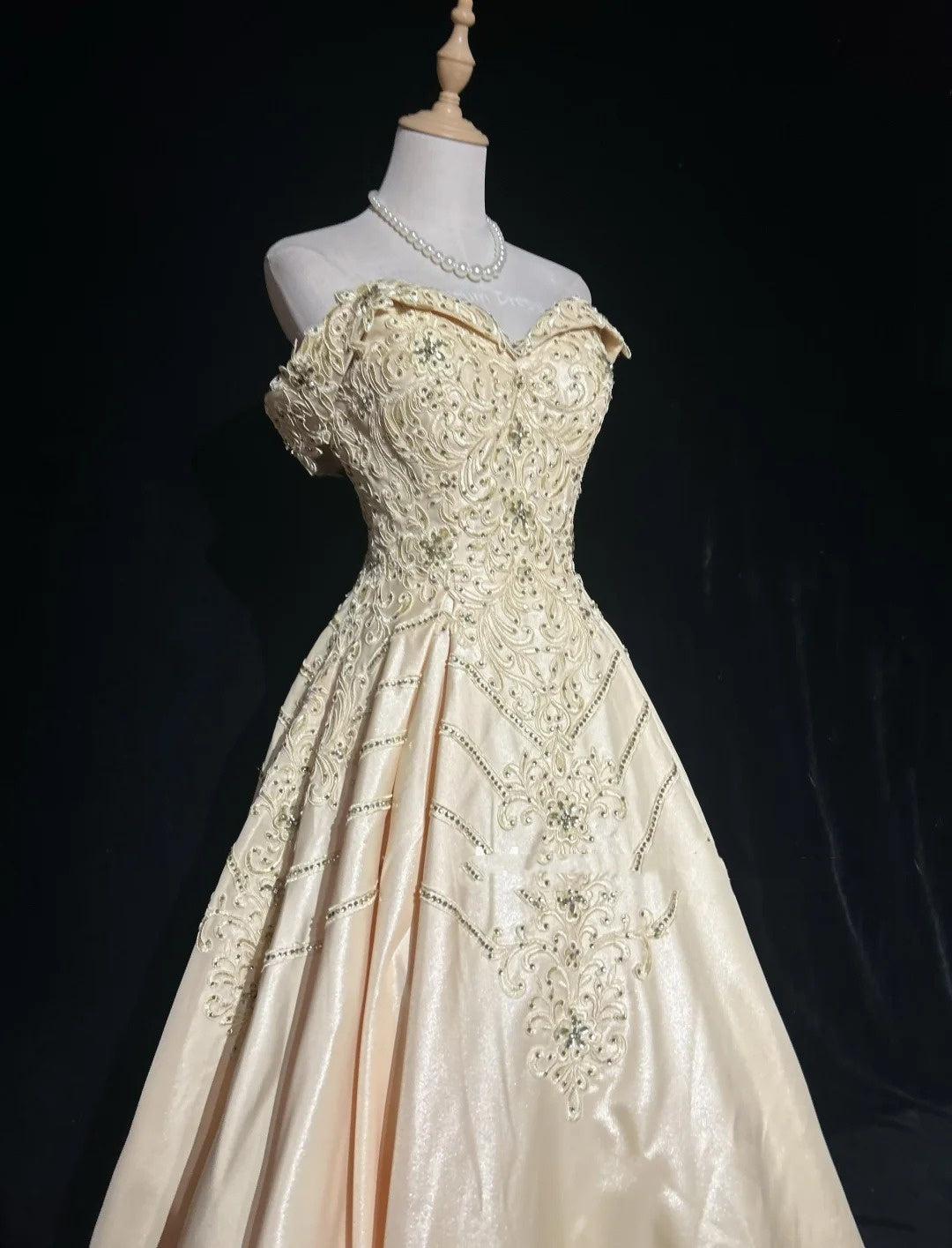 Robes de bal vintage des années 80, robe de soirée, épaules dénudées, couleur champagne avec perles, tenues de soirée N3468
