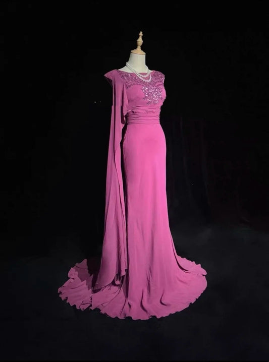 Vintage Prom Dresses Mermaid One Shoulder Hot Pink Chiffon Sleeveless 1990s Long Formal Evening Gown N2638
