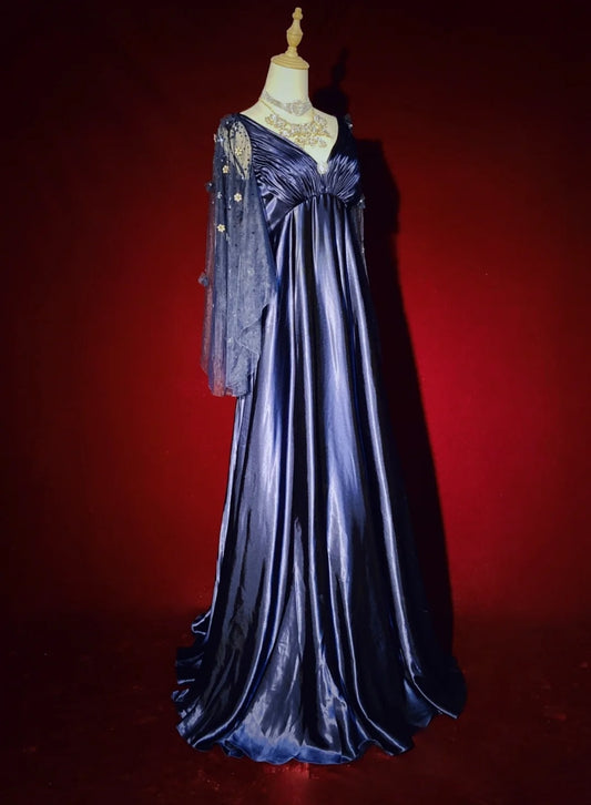 Vintage Prom Dresses Inspo A Line Empire V Neck Navy Blue Satin 90s With Sleeves Formal Gowns N3314