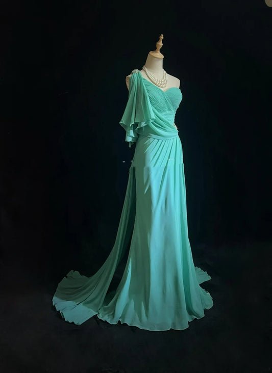Vintage Prom Dresses Mermaid One Shoulder Blue Chiffon 80s Long Formal Gown N2758