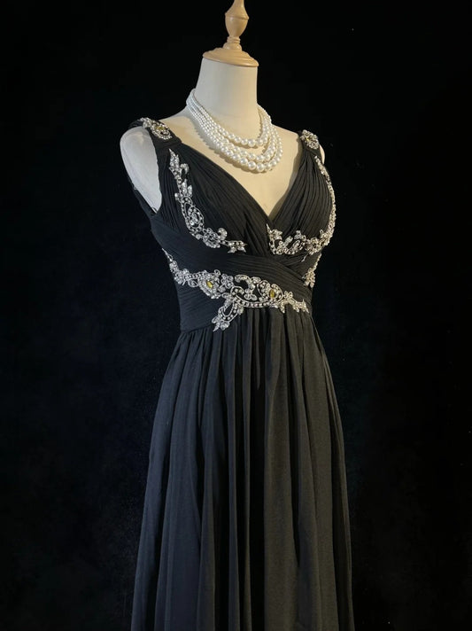 Vintage Prom Dresses A line V Neck Black Tie Chiffon 80s With Beading Long Formal Evening Outfits N4221