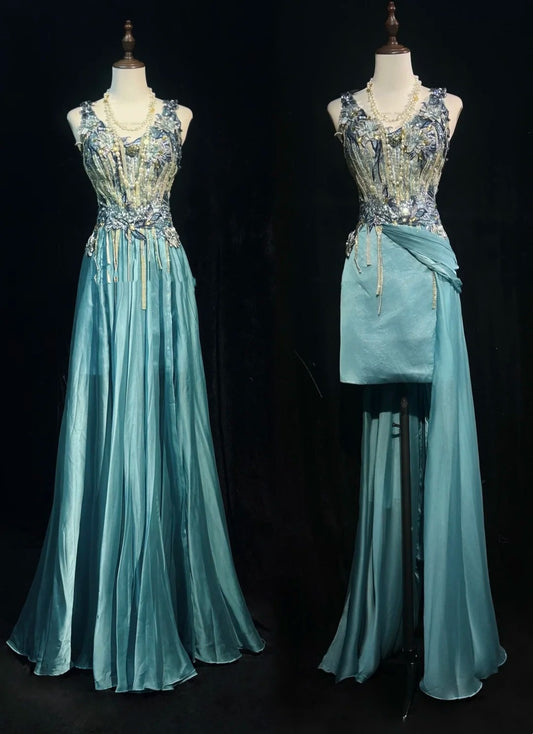 Vintage Classy Prom Dresses A Line Tiffany Blue V Neck Lace Satin With Beaded Evening Long Dress N3300