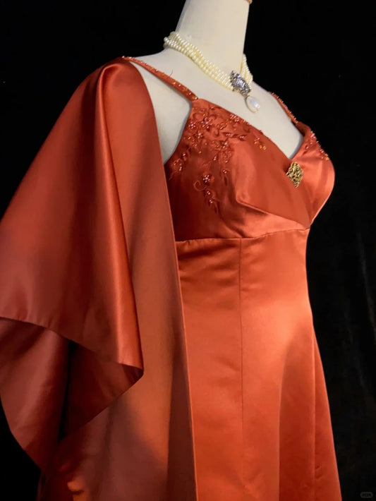 Modest Prom Dresses A line Spaghetti Strap Orange With Beading Long Evening Outfits N3445