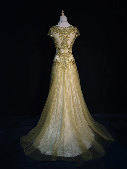 Vintage Prom Dresses 90s Mermaid Jewel Neck Gold Tulle With Beading Long Semi Formal Evening Dress N3674