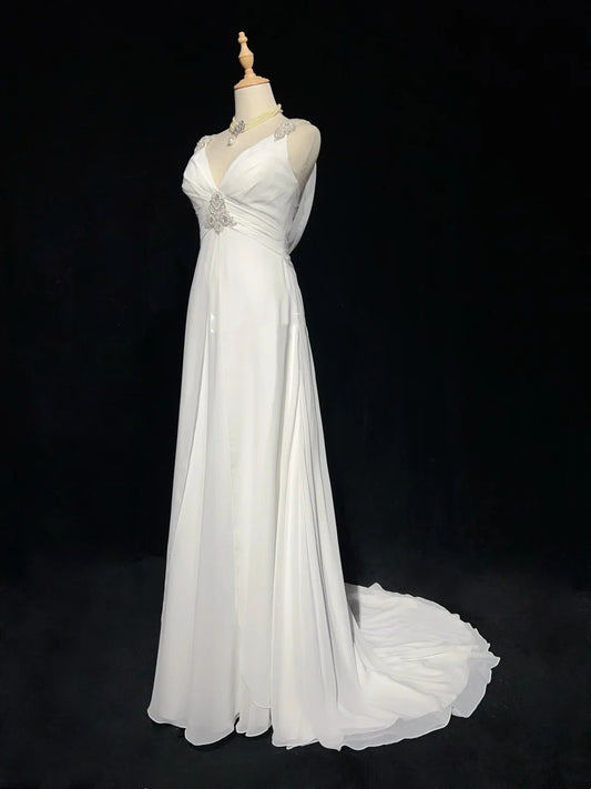 Modest Wedding Dresses A Line V Neck Chiffon Beach Summer With Beading Long Brides Gown N2999