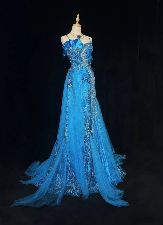 Vintage Prom Dresses 1960s Mermaid Spaghetti Strap Blue Tulle With Beads Sleeveless Prom Dresses Evening Formal Outfits RB5124