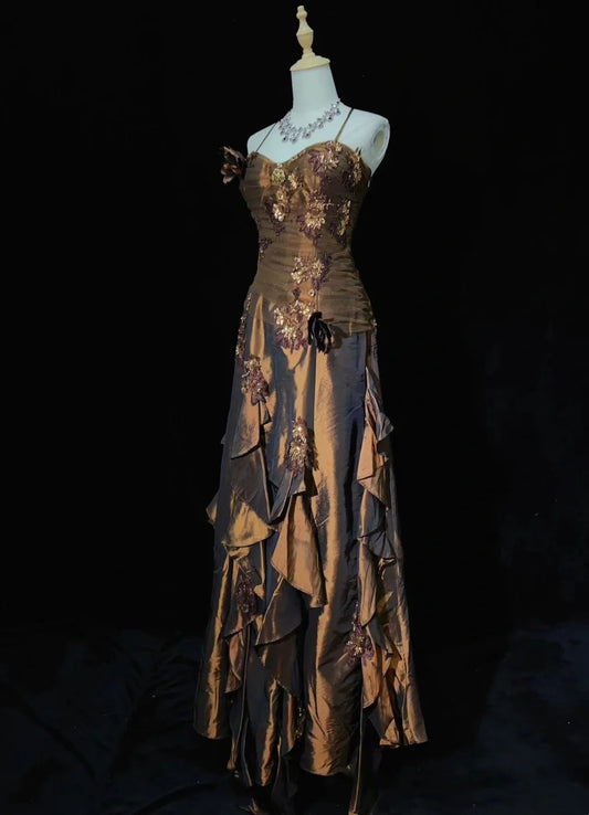 Modest Prom Dresses A line Spaghetti Strap Brown Satin Sleeveless Long Formal Evening Outfits N3639