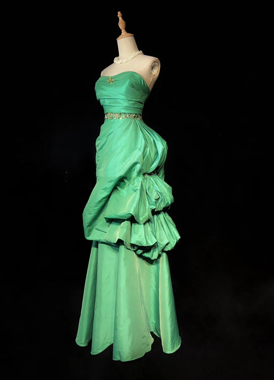 Magnifiques robes de bal de promo style robe de bal bustier cœur en satin vert avec volants, longues tenues de soirée N3379