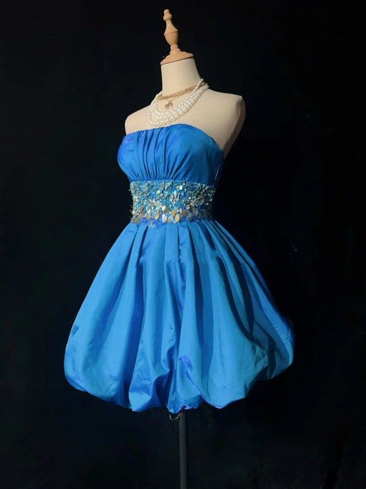 Princess Ball Gown Strapless Blue Taffeta Short Mini Homecoming Dresses Hoco Gowns N2907