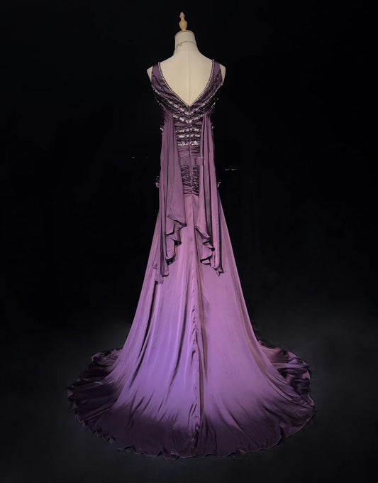 Vintage Prom Dresses Mermaid V Neck Purple Chiffon 80s With Beading Long Formal Evening Outfits N3896