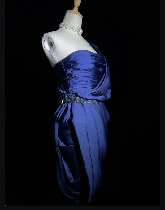 Modest Sheath One Shoulder Navy Blue Satin Ideas For Women Short Birthday Dresses Mini Homecoming Outfits N3282