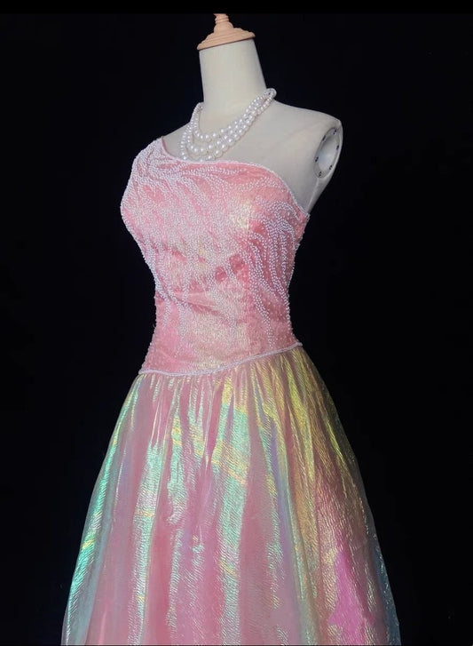 Vintage Prom Dresses Inspo Ball Gown One Shoulder Pink 1990s With Beading Formal Gowns N3323