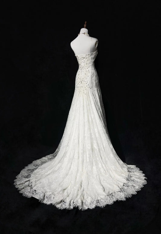 Unique Wedding Dresses Mermaid Spaghetti Strap Lace White Long Bridal Gown N3096