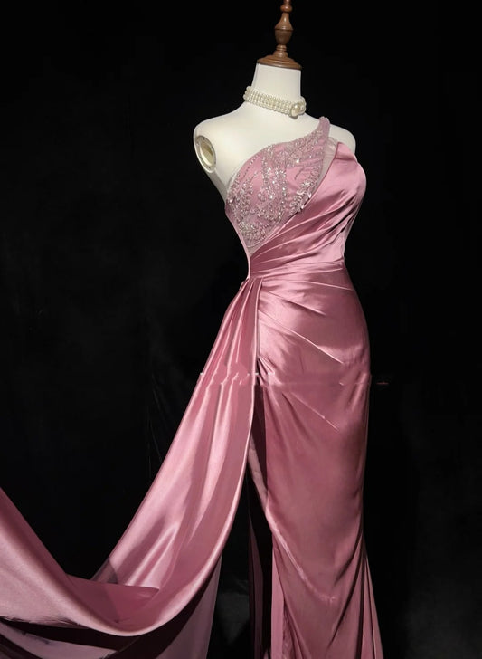 Vintage Prom Dresses Inspo Mermaid One Shoulder Satin With Beads Slit 80s Long Formal Gown N2735