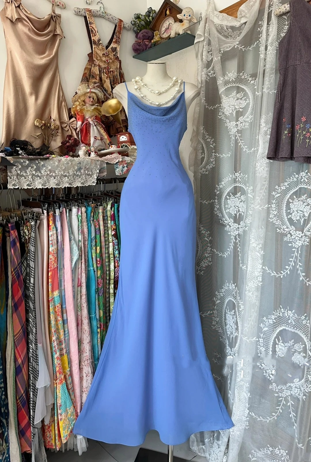 Elegantes, langes, blaues Abendkleid im Meerjungfrauen-Stil mit Spaghettiträgern – perfekt für festliche Anlässe wie Geburtstage, Partys und Abschlussbälle (N1725)