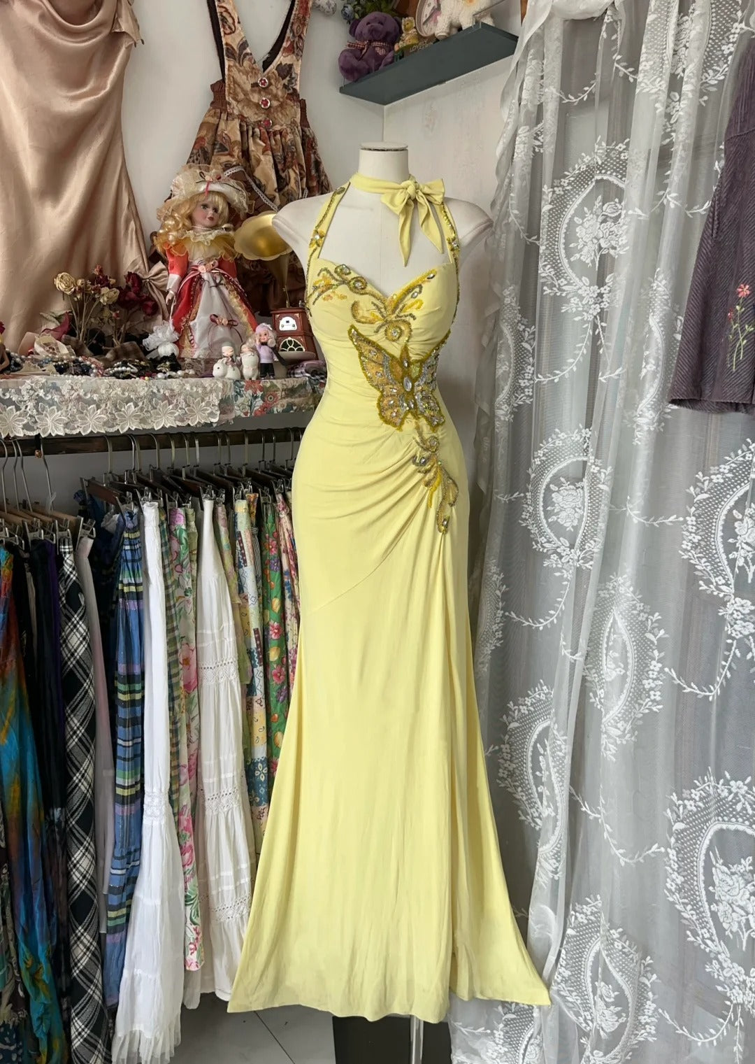 Robe de soirée élégante jaune sirène à col halter, robe de bal longue N1704