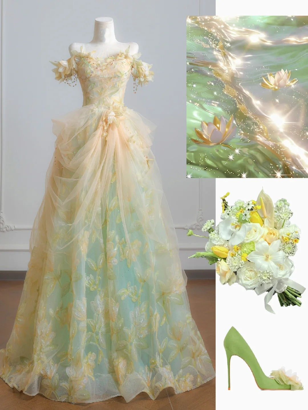 Märchenhaftes Ballkleid, schulterfrei, grüner, geblümter Tüll, langes, formelles Abendkleid, formelles Geburtstagskleid, Ballkleid N729