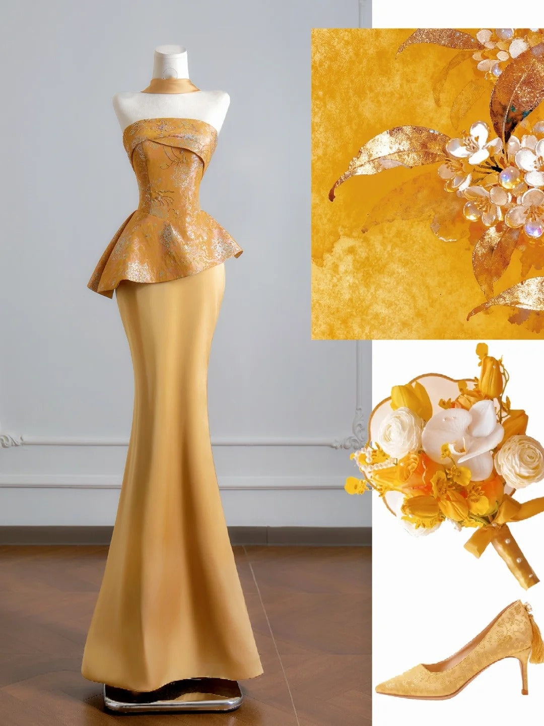 Robe de bal longue sirène romantique dorée sans bretelles avec foulard, idéale pour un 18e anniversaire (N398)