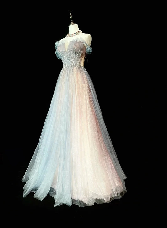 Vintage 1760s A Line Off The Shoulder With Cape Tulle Sleeves Pleated Long Prom Dresses N1584