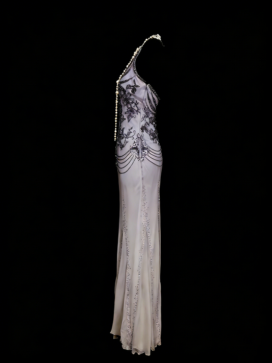 Robe de soirée sirène vintage à fines bretelles, style années 80, 70, 90, grise, longue, idéale pour les bals de fin d'année ou les remises de diplômes (N1144)