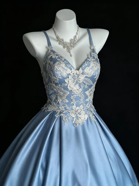 Sweet Ball Gown Spaghetti Strap Blue Satin Lace Sweet 16 Dresses Quinceanera Dress Long 15 Vestidos De Fiesta N4203
