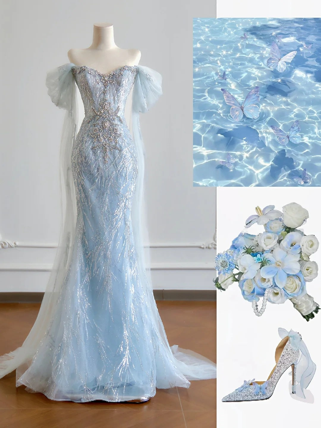 Robe de bal sirène luxueuse bleu ciel clair à épaules dénudées et manches courtes, longue, idéale pour les soirées formelles, les anniversaires et bien plus encore (N379)