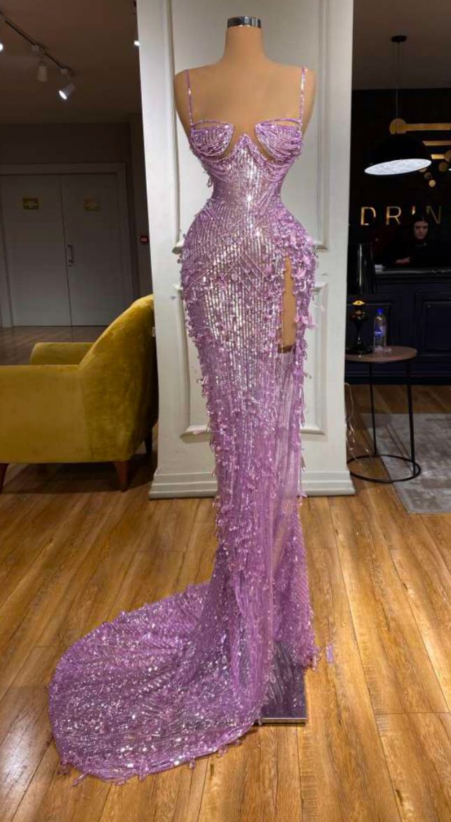 Elegantes Meerjungfrauen-Abendkleid mit Spaghettiträgern, Pailletten, Perlenbesatz und geschlitztem Oberteil – formelles Kleid für den 20. Geburtstag (N121)