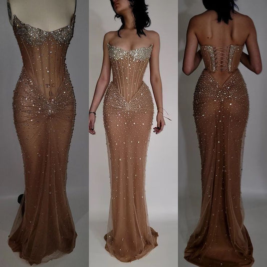 New Arrive Elegant Champagne Long Party Dress Prom Dresses Mermaid Bodycon For Women N4071