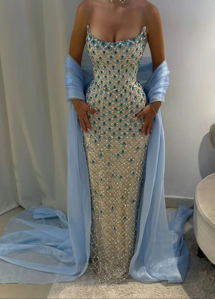 Robe de bal longue à paillettes et cape bleue, style sirène, sans bretelles, style inspiration, robe de remise de diplôme, RB937