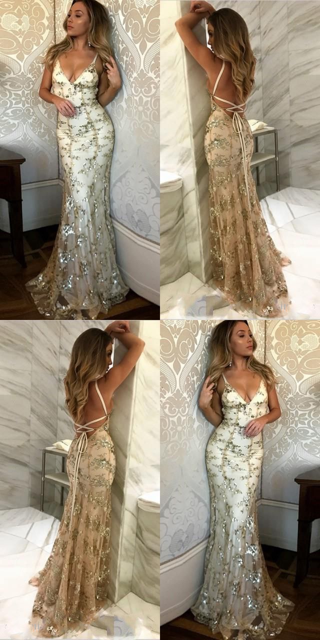 Robe de bal longue sirène, robe de soirée dos nu en dentelle dorée, robe de bal AB324