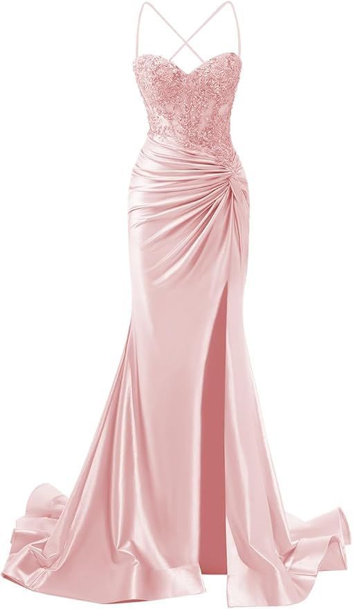 Elegant Pink Mermaid Long Satin Pleated Ruffles Prom Dresses Vestidos De Dia AB534